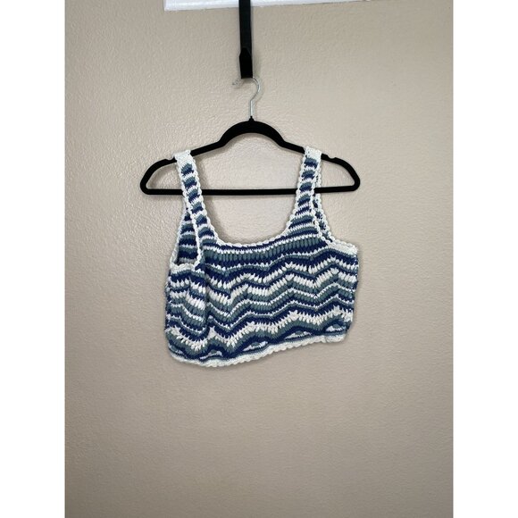 Lucky Brand Crop Tank Top Womans Blue and White Medium Cotton Knit - Picture 4 of 6